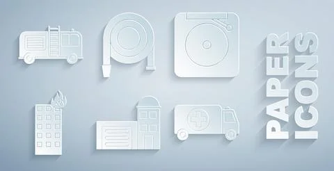 Set Building of fire station, Ringing alarm bell, Fire burning building Ilustración de archivo