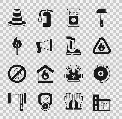 Set Building of fire station, Ringing alarm bell, Fire flame triangle, system Ilustración de archivo