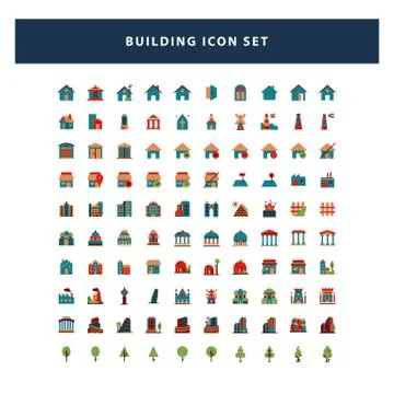 Set of Building icon with flat style design vector Stock Illustration