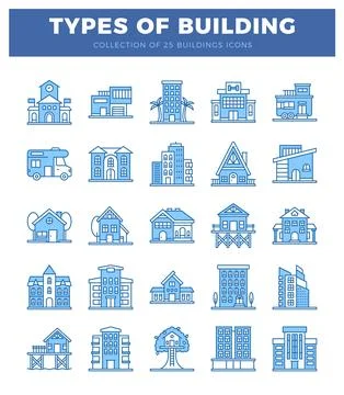 Set of building icons in blue line art against a white background with blue.. Ilustración de archivo