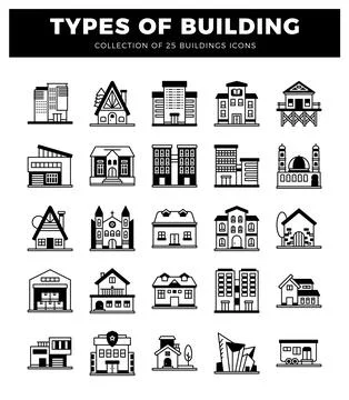 Set of building icons. including modern. traditional. and commercial struct.. Ilustración de archivo