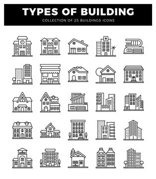 Set of building icons with various architectural styles on white background Stock Illustration