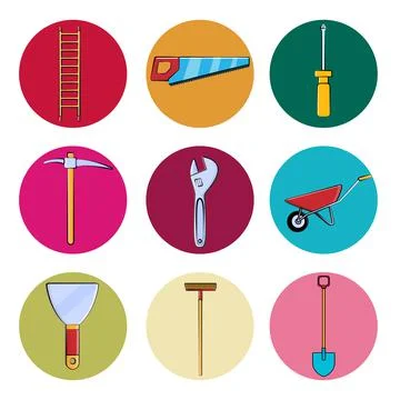A set of building repair tools round icons for home, apartment, gardening ite Stock Illustration
