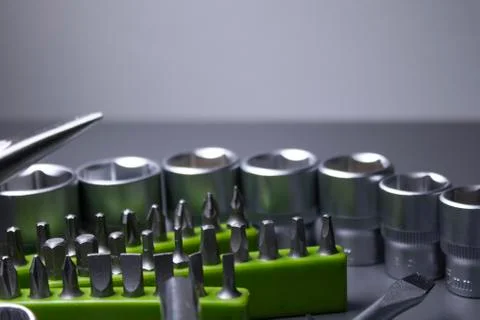 A set of building tools and instruments for repair in black and green colour Fotos de archivo