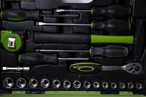 A set of building tools and instruments for repair in black and green colour Fotos de archivo