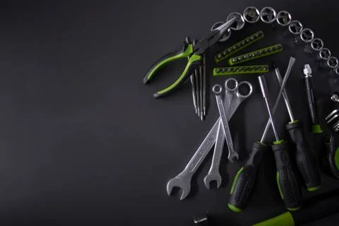 A set of building tools and instruments for repair in black and green colour Fotos de archivo