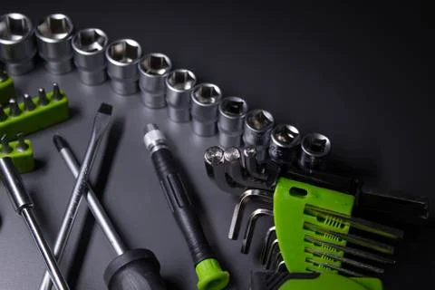 A set of building tools and instruments for repair in black and green colour Fotos de archivo