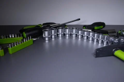 A set of building tools and instruments for repair in black and green colour Fotos de archivo