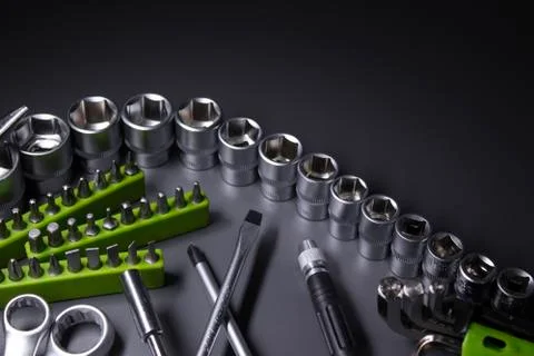 A set of building tools and instruments for repair in black and green colour Fotos de archivo