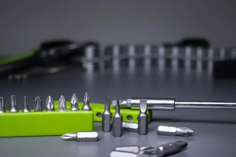 A set of building tools and instruments for repair in black and green colour Fotos de archivo