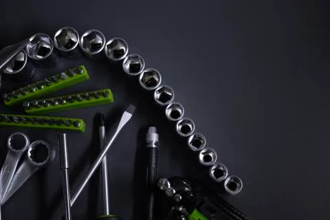A set of building tools and instruments for repair in black and green colour Fotos de archivo