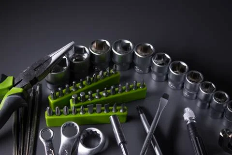 A set of building tools and instruments for repair in black and green colour Fotos de archivo