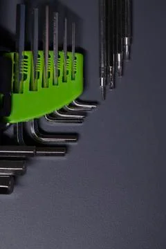 A set of building tools and instruments for repair in black and green colour Fotos de archivo