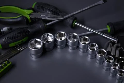 A set of building tools and instruments for repair in black and green colour Fotos de archivo