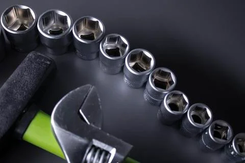 A set of building tools and instruments for repair in black and green colour Fotos de archivo