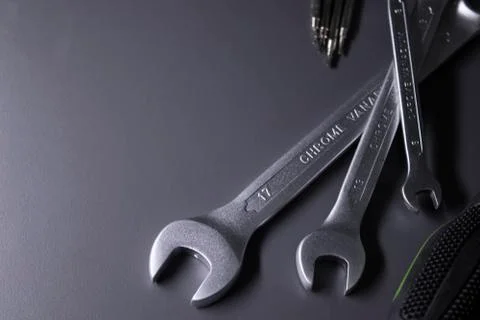 A set of building tools and instruments for repair in black and green colour Fotos de archivo