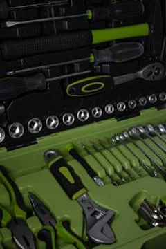 A set of building tools and instruments for repair in black and green colour Fotos de archivo