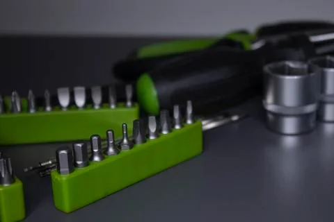 A set of building tools and instruments for repair in black and green colour Fotos de archivo