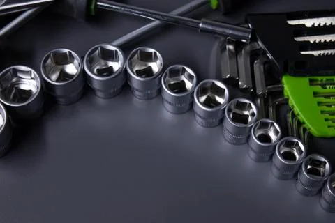 A set of building tools and instruments for repair in black and green colour Fotos de archivo