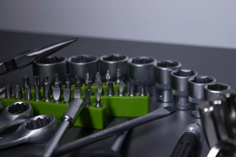 A set of building tools and instruments for repair in black and green colour Fotos de archivo