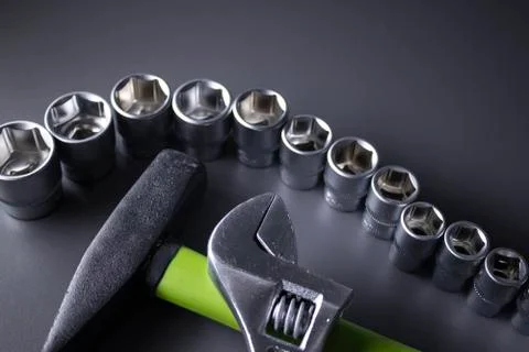 A set of building tools and instruments for repair in black and green colour Fotos de archivo