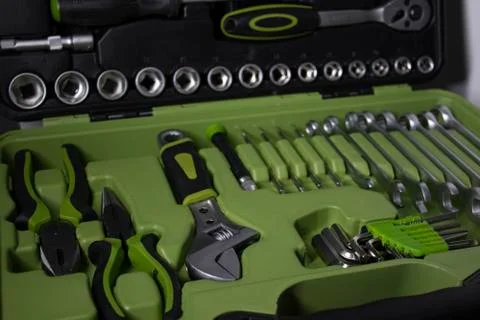A set of building tools and instruments for repair in black and green colour Fotos de archivo