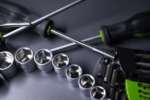 A set of building tools and instruments for repair in black and green colour Fotos de archivo