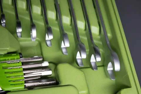 A set of building tools and instruments for repair in black and green colour Fotos de archivo