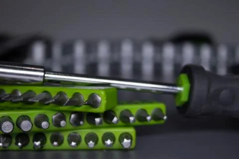 A set of building tools and instruments for repair in black and green colour Fotos de archivo