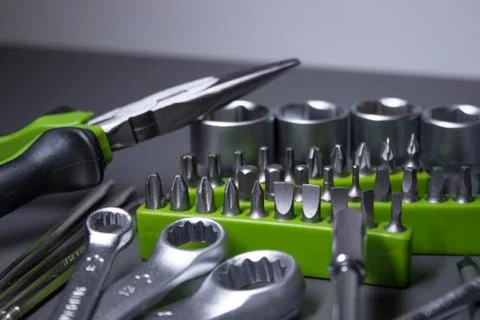 A set of building tools and instruments for repair in black and green colour Fotos de archivo