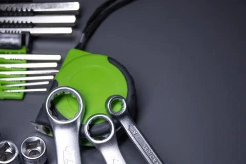 A set of building tools and instruments for repair in black and green colour Fotos de archivo