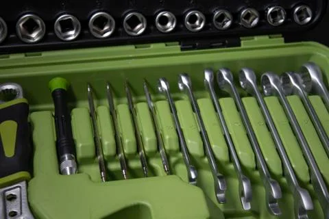 A set of building tools and instruments for repair in black and green colour Fotos de archivo