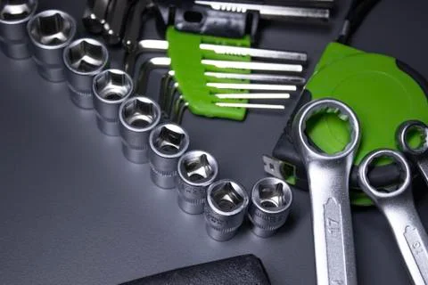 A set of building tools and instruments for repair in black and green colour Fotos de archivo