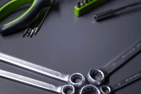 A set of building tools and instruments for repair in black and green colour Fotos de archivo