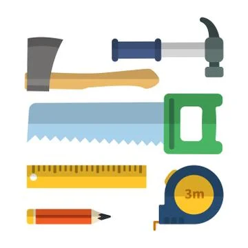 Set building tools repair, construction buildings hammer, ax, saw, tape measure Stock Illustration