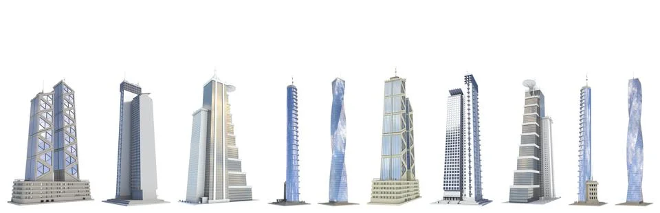 Set of buildings and blue cloudy sky reflection - isolated Ilustración de archivo