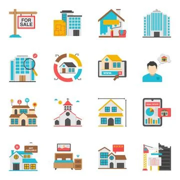 Set of Buildings Flat Icons Stock Illustration