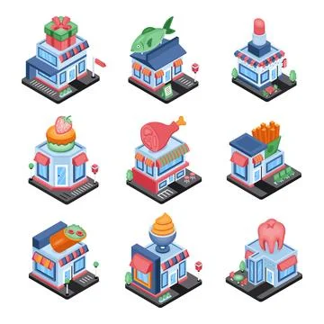 Set of Buildings Isometric Icons Stock Illustration