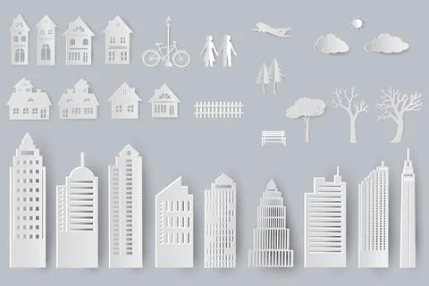 Set of buildings,houses,trees isolated objects for design in paper cut style Stock Illustration