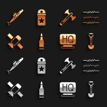 Set Bullet, Barbed wire, Sapper shovel, Military headquarters, Satellite, War Stock-Illustration