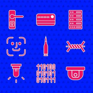 Set Bullet, Binary code, Motion sensor, Barbed wire, Face recognition, Server Stock Illustration