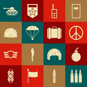 Set Bullet, Bomb ready to explode, Peace, Walkie talkie, Parachute, Military Stock Illustration