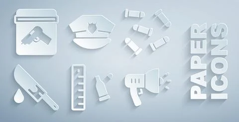 Set Bullet casing with ruler, Bloody knife, Police megaphone, cap cockade and Stock Illustration