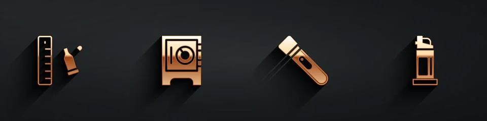 Set Bullet casing with ruler, Safe, Flashlight and Pepper spray icon with long Illustrazione stock