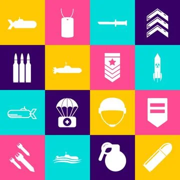 Set Bullet, Chevron, Nuclear rocket, Military knife, Submarine,  and  icon. V Stock Illustration