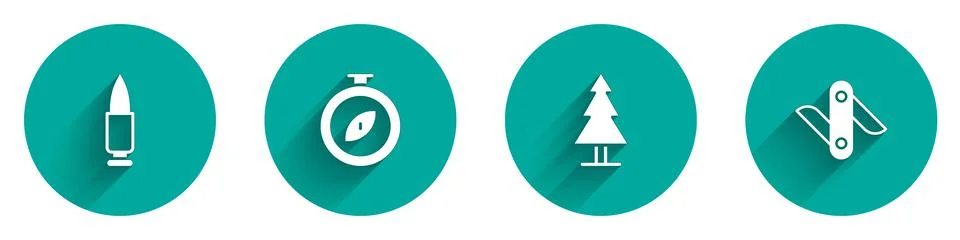 Set Bullet, Compass, Tree and Swiss army knife icon with long shadow. Vector Stock Illustration