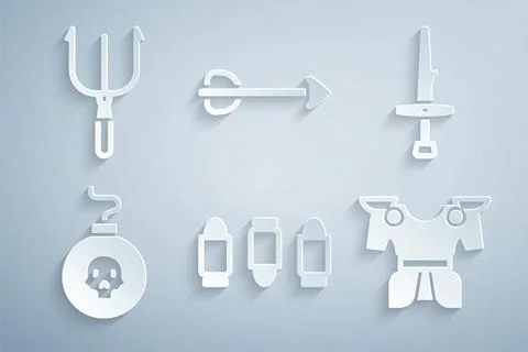 Set Bullet, Dagger, Bomb ready to explode, Body armor, Arrow and Neptune Trid Stock Illustration