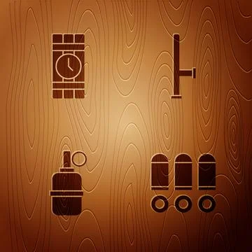 Set Bullet, Dynamite and timer clock, Hand grenade and Police rubber baton on Stock Illustration