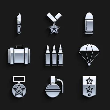 Set Bullet, Hand grenade, Chevron, Parachute, Military reward medal, ammunition 스톡 일러스트