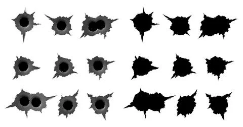 Set of bullet holes. different damaged element from bullet on metallic surfac Stock Illustration